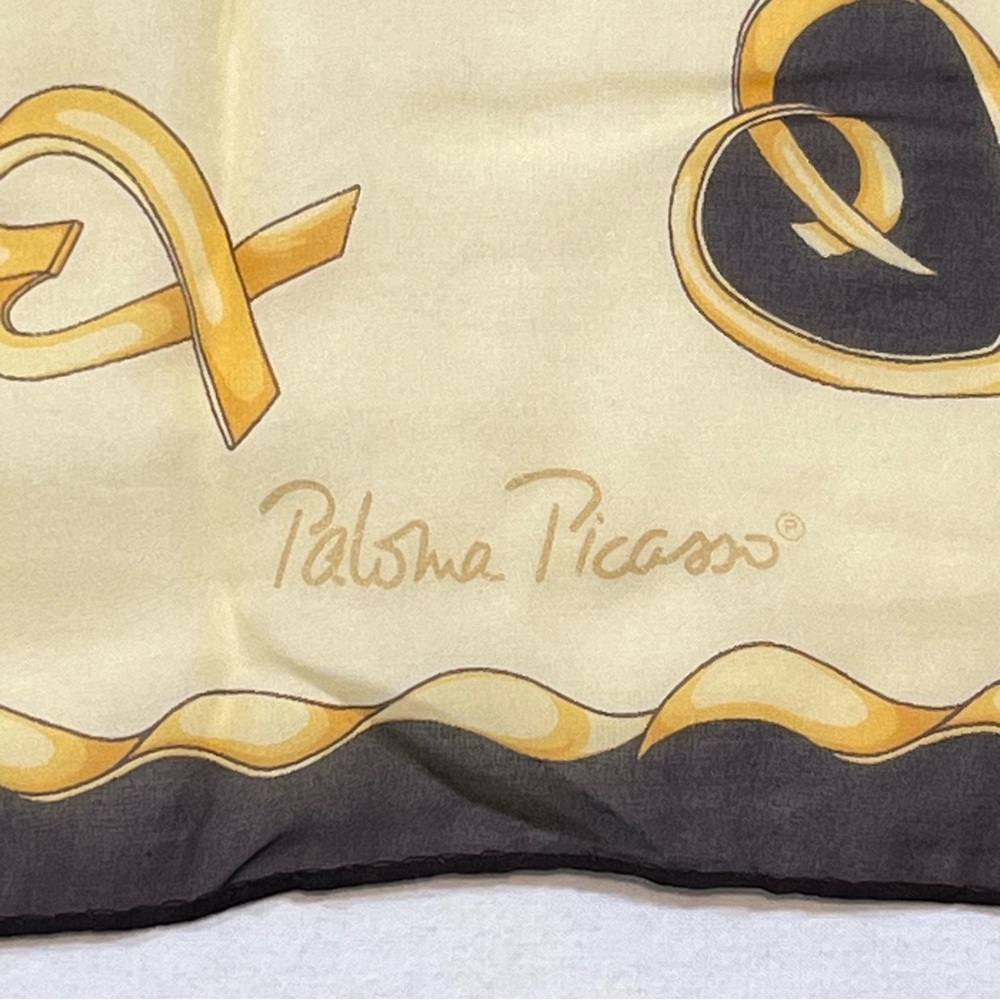Paloma Picasso Vintage Made In Italy ”Hugs & Kisses” Silk Scarf Yellow & Brown - Picture 2 of 7